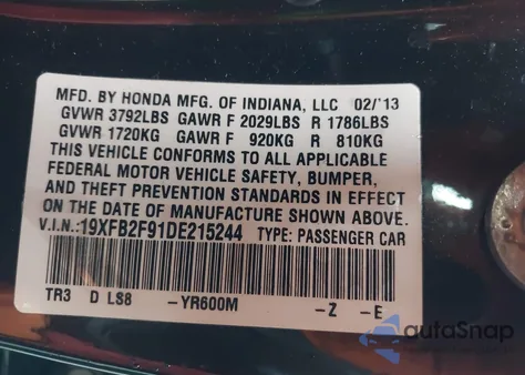 2013 Honda Civic Ex-L из США, поврежденный, VIN 19XFB2F91DE215244